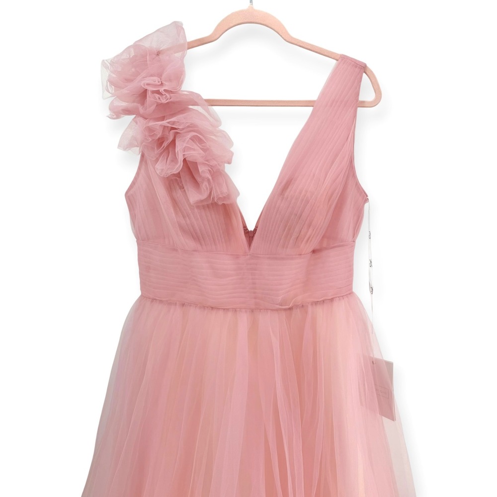 NWT Mac Duggal Pink Ruffle Shoulder V Neck Ombre Tulle Ball Gown - Size 10 - Picture 8 of 14